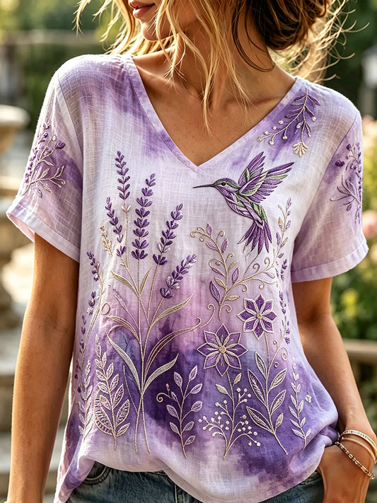 T-shirt à manches courtes en lin à imprimé floral élégant pour femmes