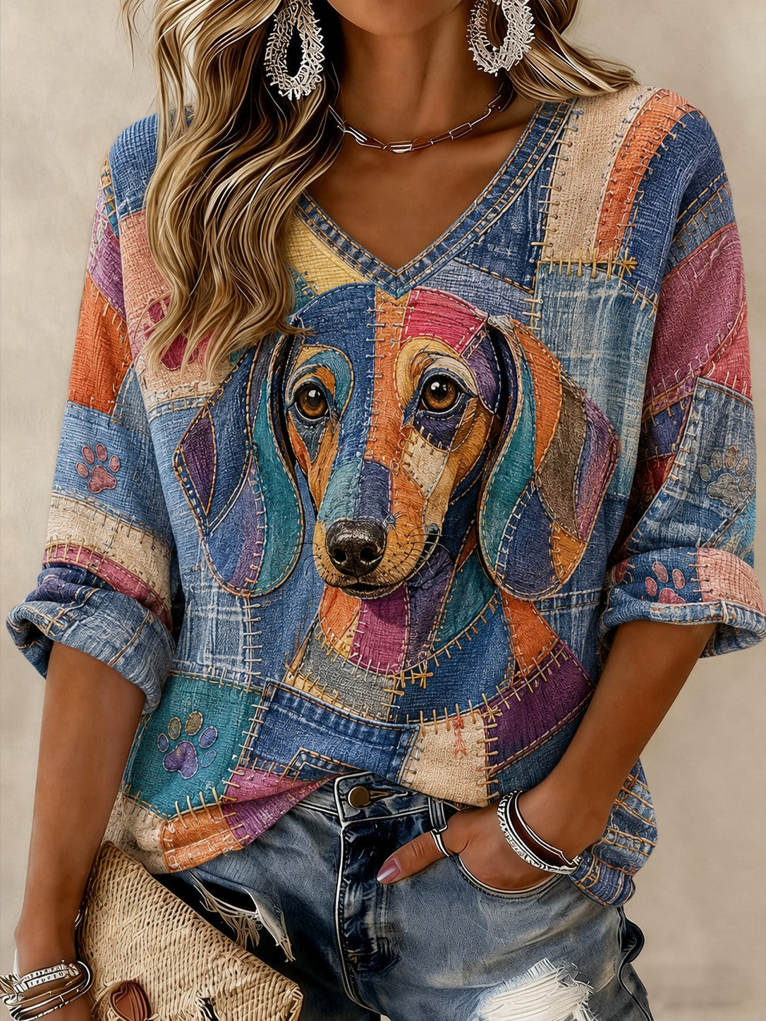 T-shirt à col en V imprimé à manches mi-longues pour femmes