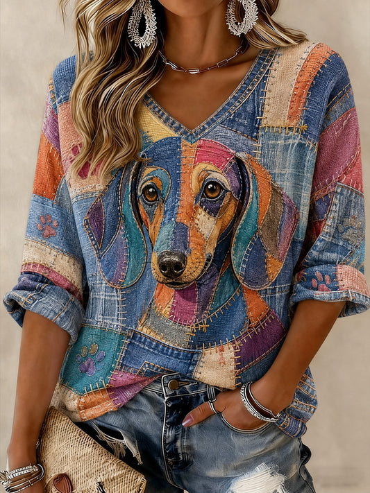 T-shirt à col en V imprimé à manches mi-longues pour femmes