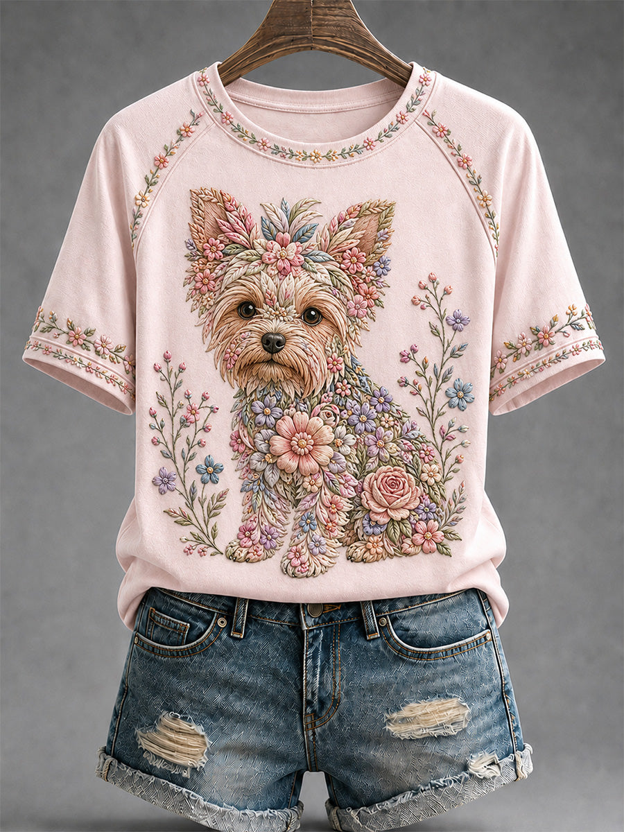 T-shirt décontracté pour femme à imprimé floral et motifs canins