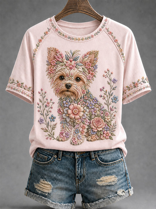 T-shirt décontracté pour femme à imprimé floral et motifs canins