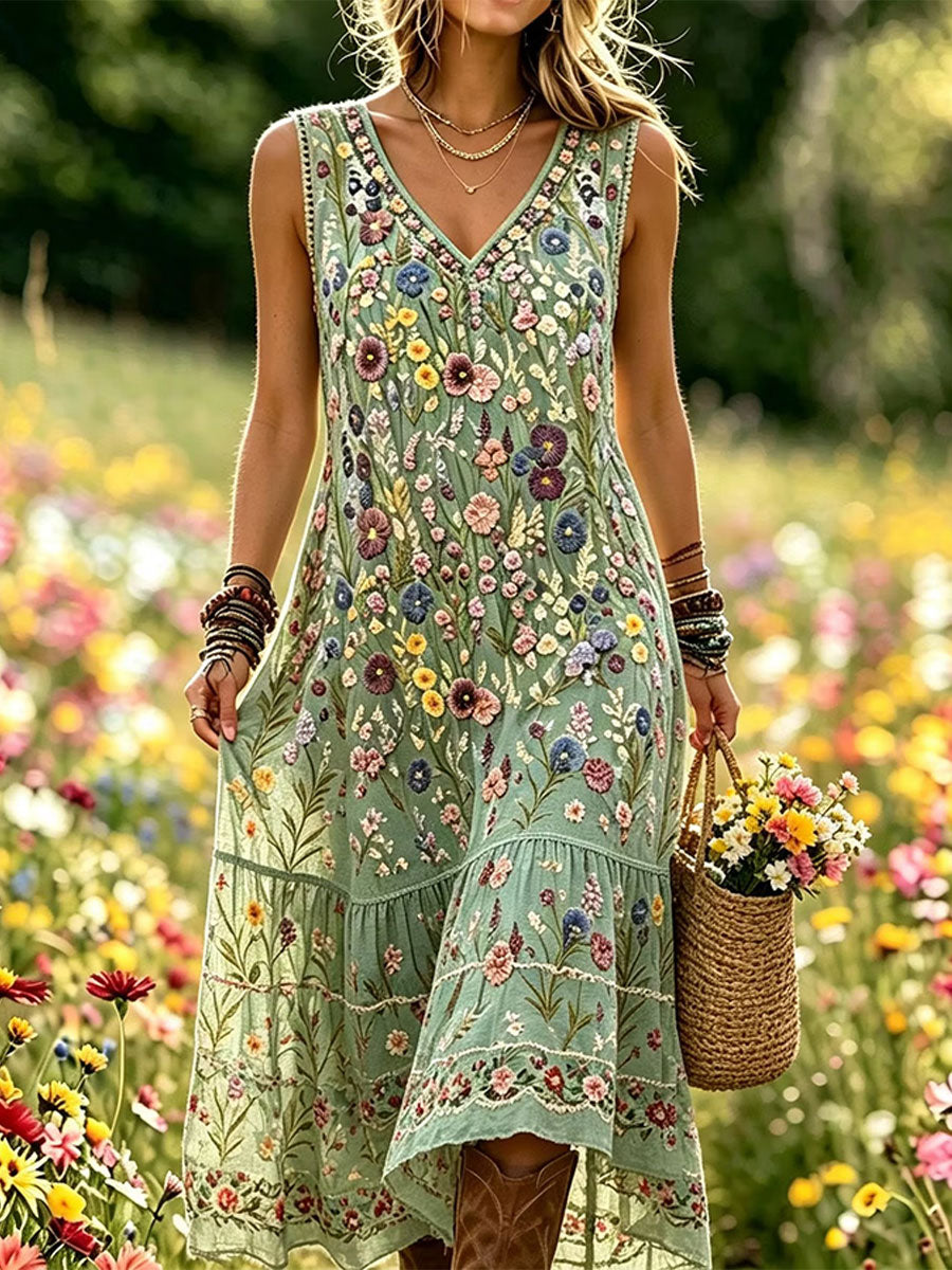 Robe élégante en coton et lin à fleurs pour femme