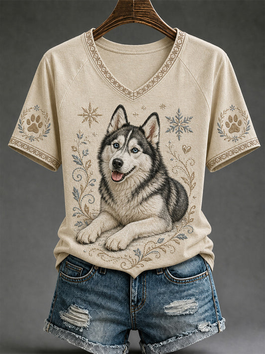 T-shirt décontracté à col en V pour femmes, motif chien rétro