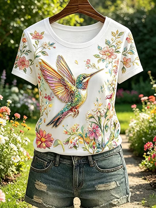 T-shirt décontracté imprimé floral colibri pour femmes