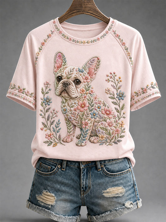 T-shirt décontracté pour femme à imprimé floral et motifs canins