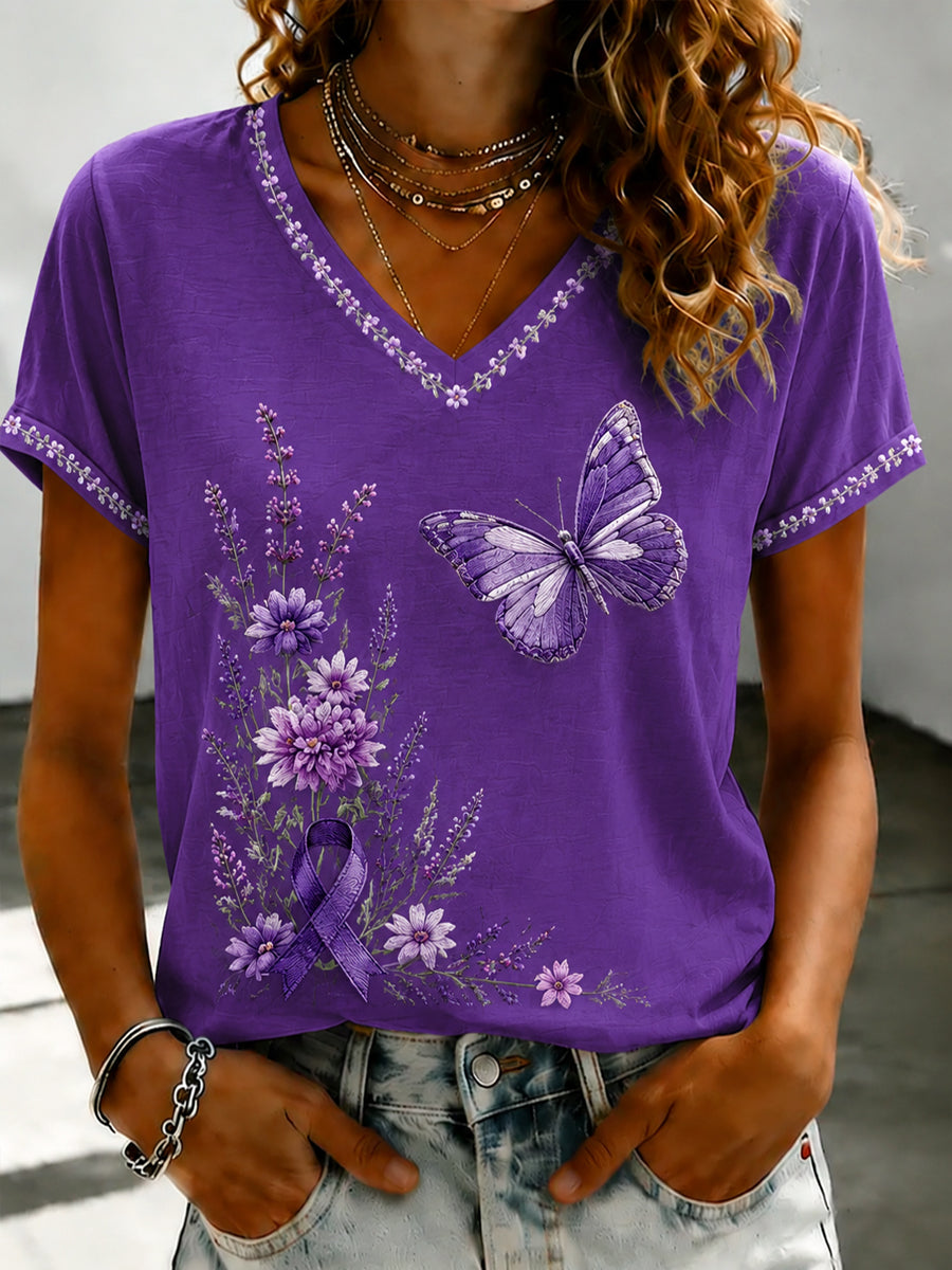 T-shirt à col en V imprimé d’art Flora violet pour femme