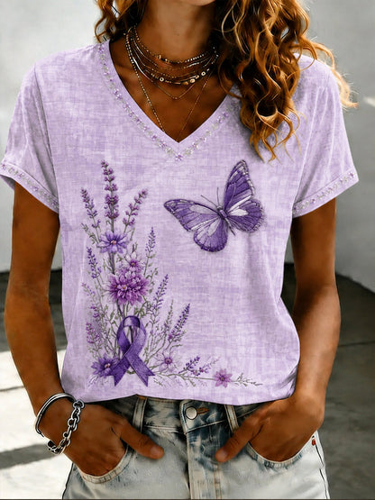 T-shirt à col en V imprimé d’art Flora violet pour femme