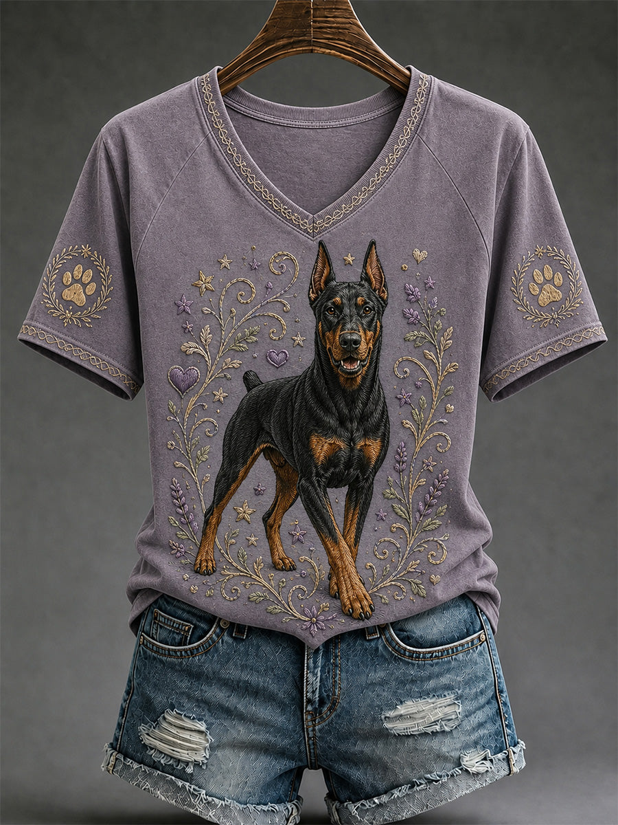 T-shirt décontracté à col en V pour femmes, motif chien rétro