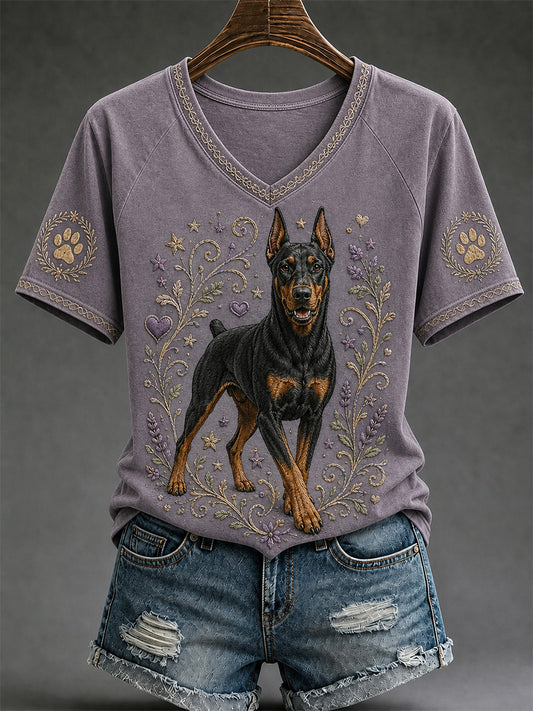 T-shirt décontracté à col en V pour femmes, motif chien rétro