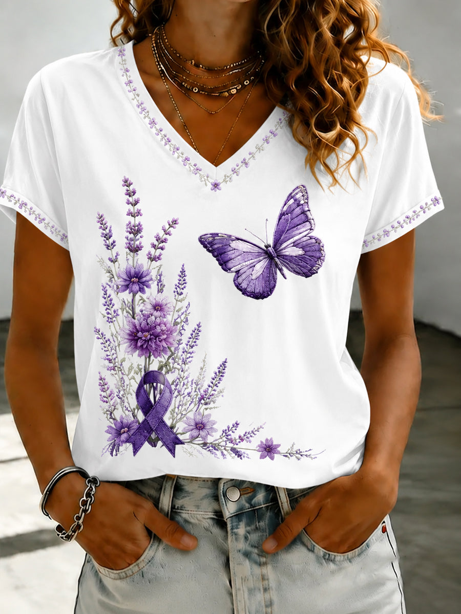 T-shirt à col en V imprimé d’art Flora violet pour femme