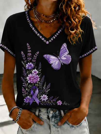 T-shirt à col en V imprimé d’art Flora violet pour femme