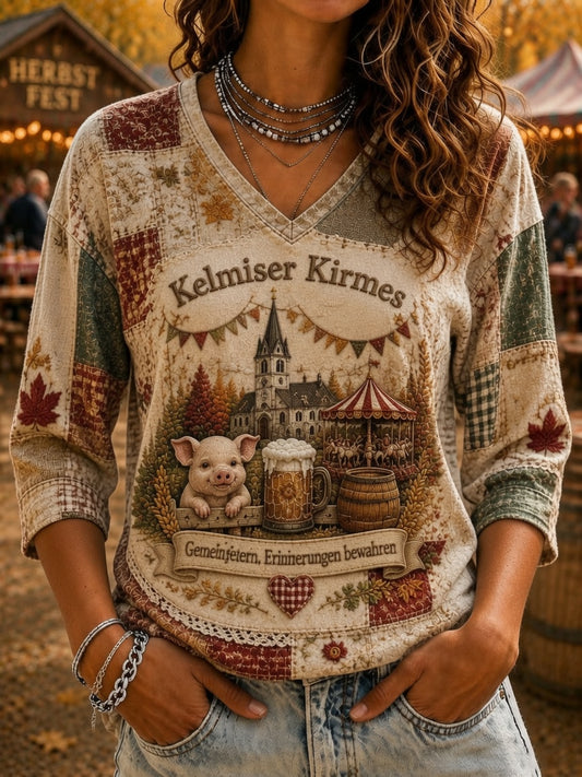 T-shirt décontracté pour femme à imprimé jardin, église de Kelmis