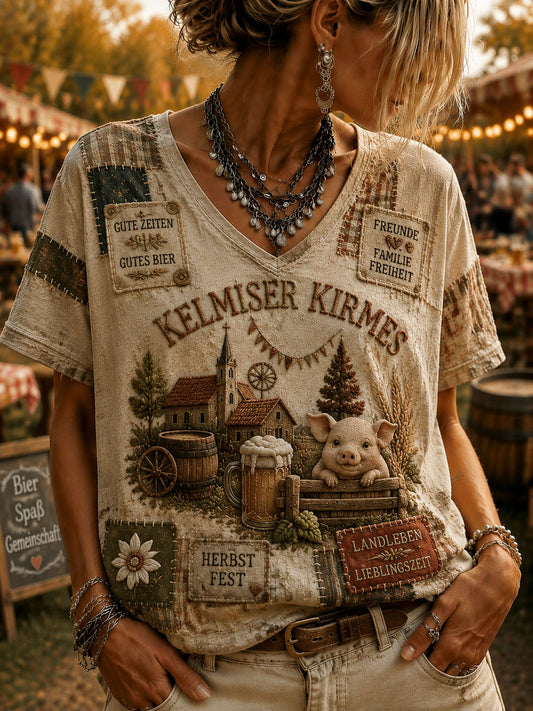 T-shirt décontracté à manches courtes pour femme, motif jardin et église de Kelmis