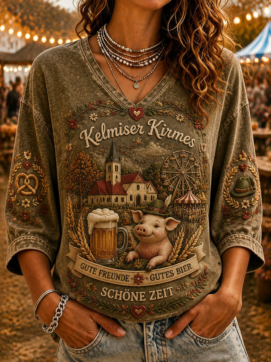 T-shirt décontracté pour femme à imprimé jardin, église de Kelmis