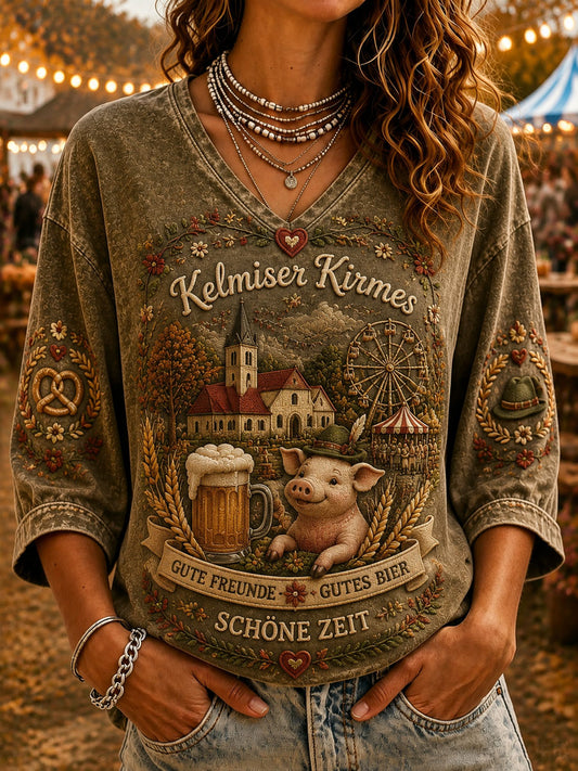 T-shirt décontracté pour femme à imprimé jardin, église de Kelmis