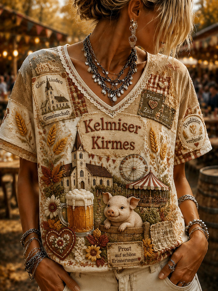 T-shirt décontracté à manches courtes pour femme, motif jardin et église de Kelmis