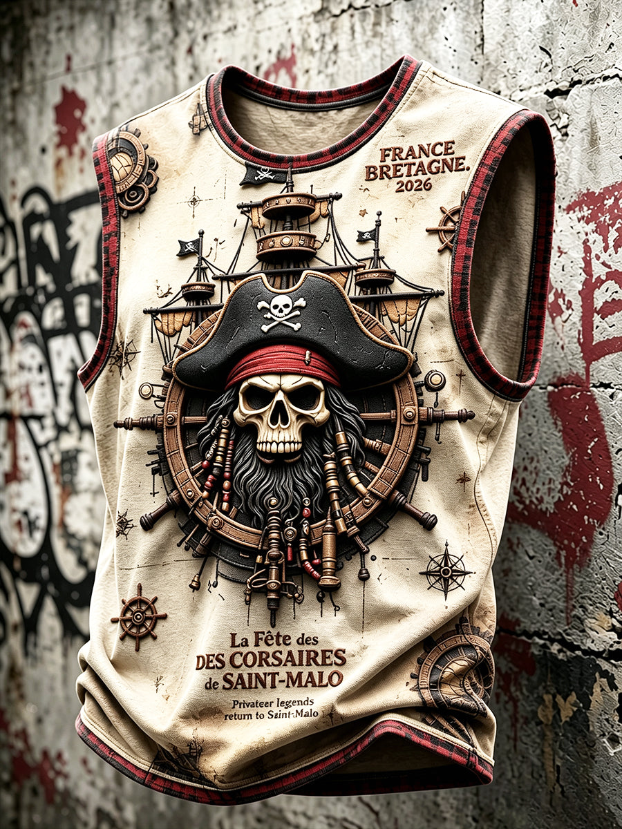 Gilet Homme Vintage Blanc Cassé Français Bretagne Saint-Malo Pirate Festival Imprimé
