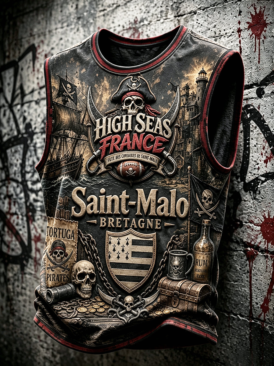 Gilet ample à imprimé Festival Pirate de Saint-Malo Bretagne française vintage pour homme