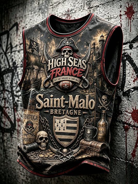 Gilet ample à imprimé Festival Pirate de Saint-Malo Bretagne française vintage pour homme