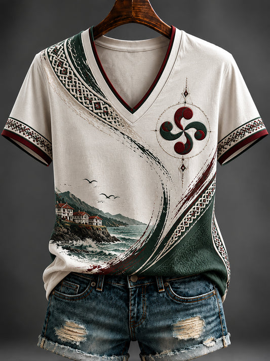 T-shirt à col en V imprimé pour femmes, Pays basque