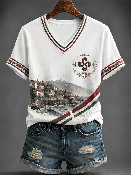 T-shirt à col en V imprimé pour femmes, Pays basque