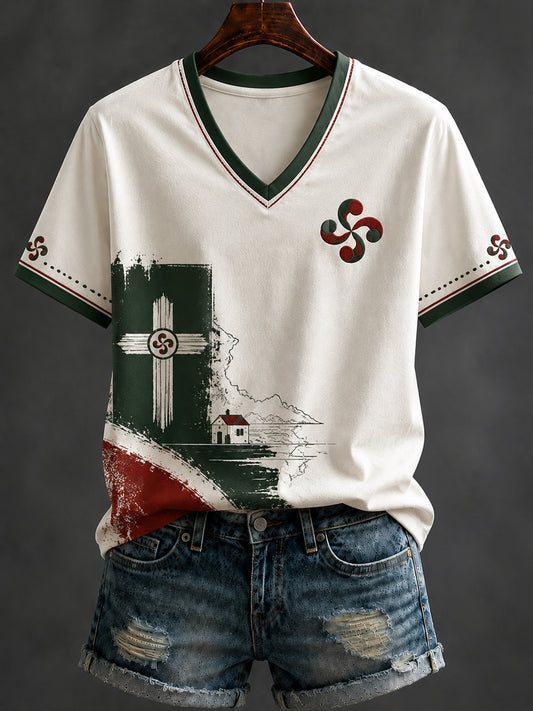 T-shirt à col en V imprimé pour femmes, Pays basque