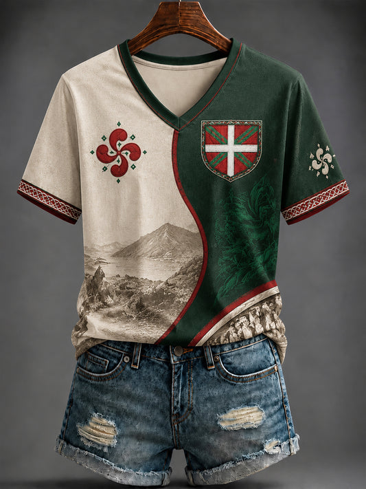 T-shirt à col en V imprimé pour femmes, Pays basque