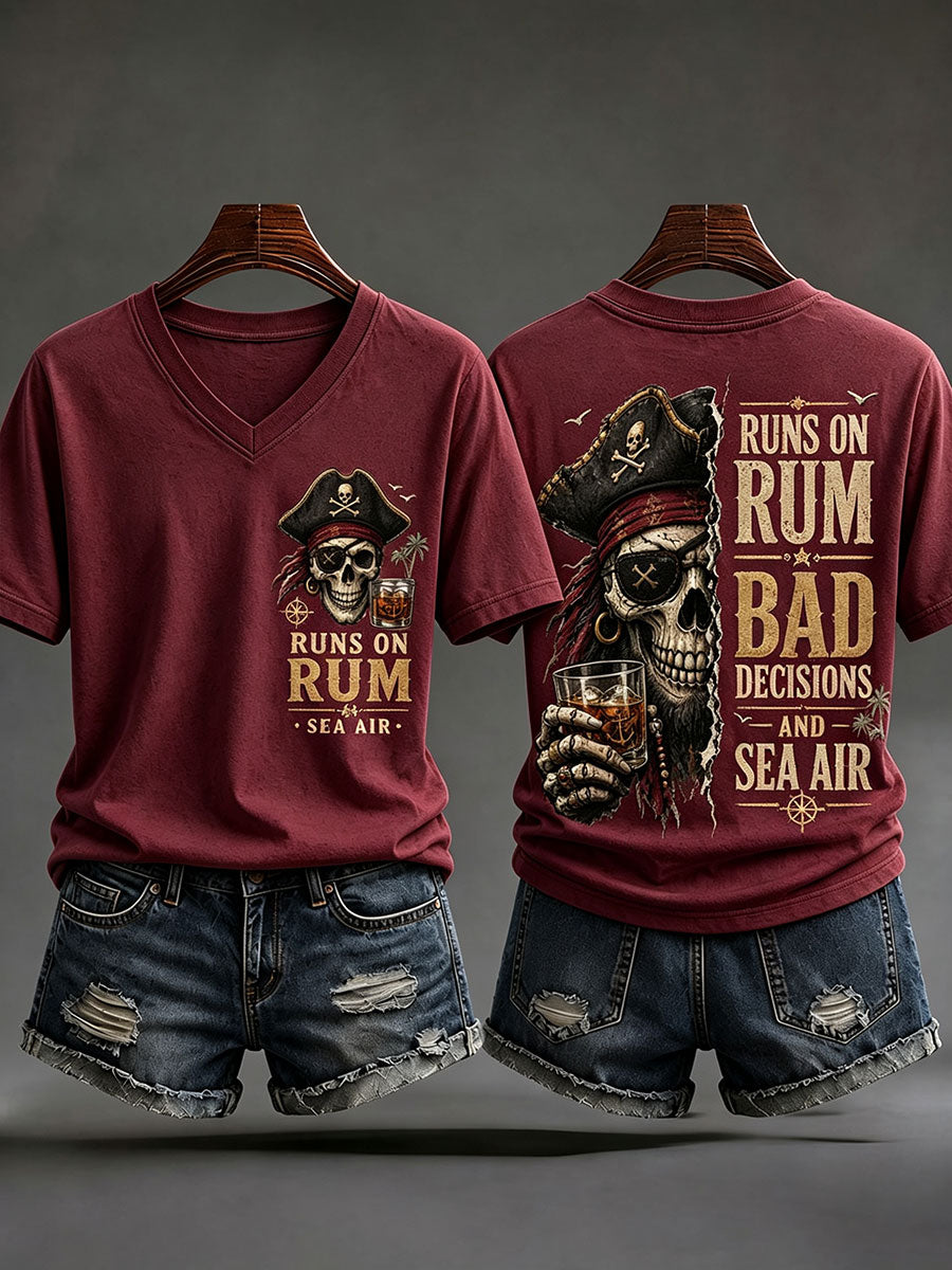 T-Shirts Femme 'Runs On Rum, Bad Decisions, And Sea Air' À Col En V