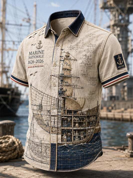 Chemise décontractée pour homme, marine française, manches courtes