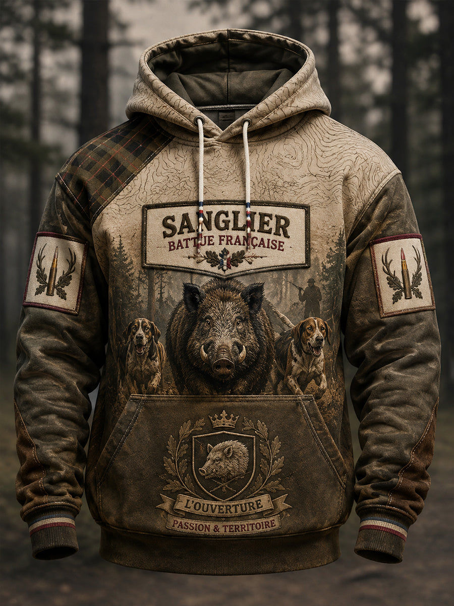 Sweat à capuche surdimensionné à épaules tombantes, avec poches, pour la saison de chasse française, modèle homme