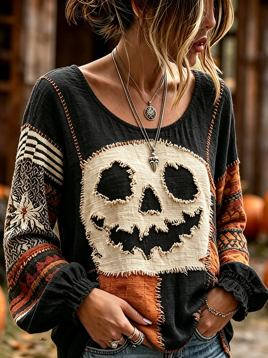 Rétro Halloween Spooky Visage Color Block Imprimer Coton-Lin Chemise Femme