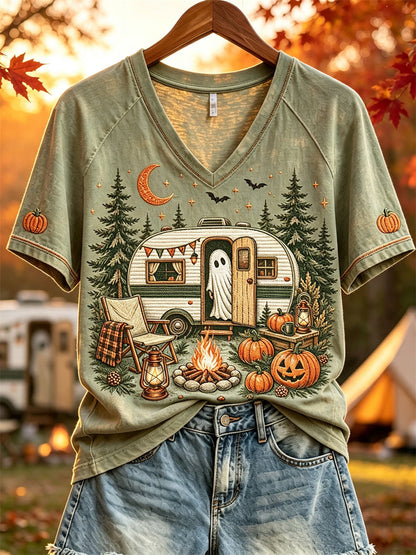Halloween Ghost Fall RV Camping T-shirt à manches courtes pour femmes