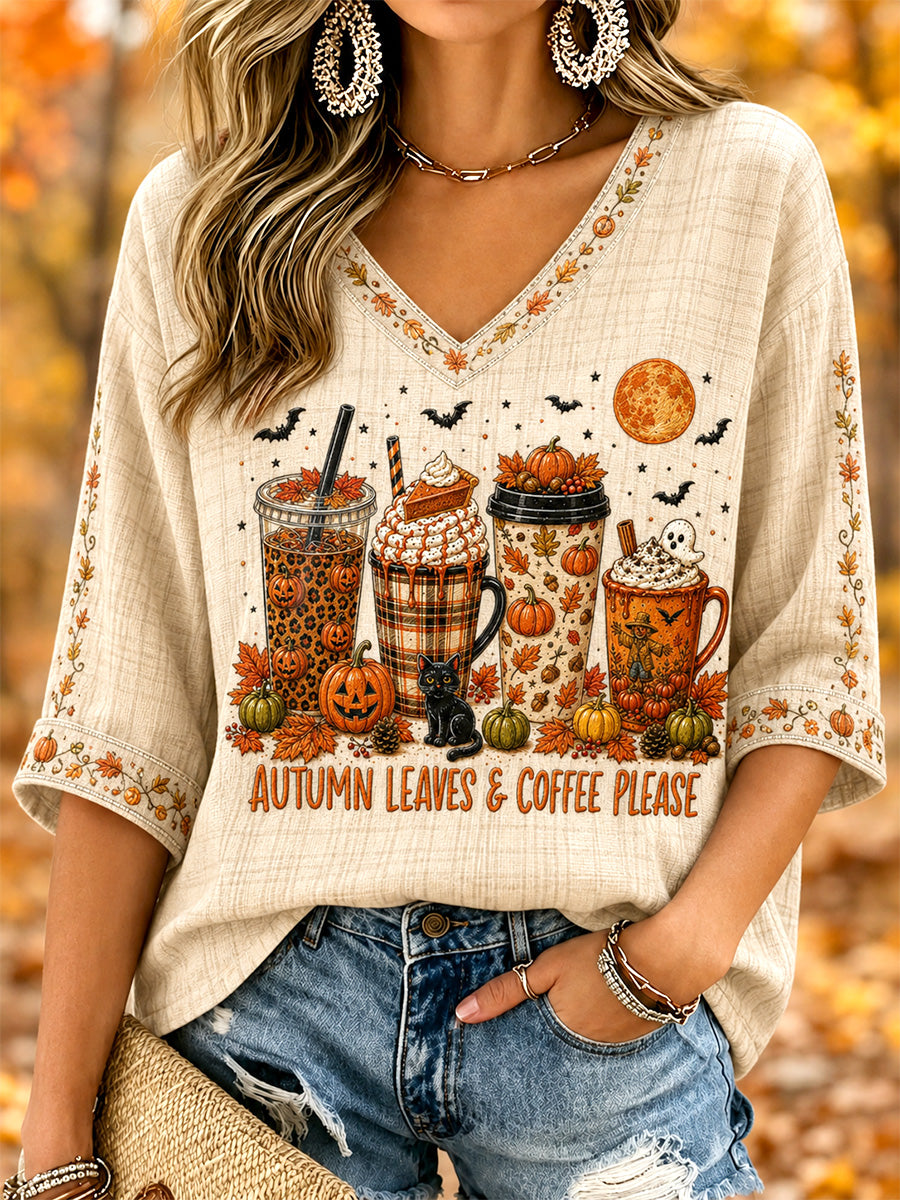 Femmes Automne Feuilles & Café S'il vous plaît Imprimer Casual V-Neck Tee