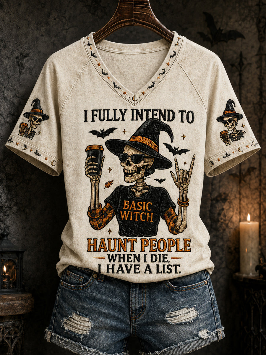 Funny Halloween Skull Sorcière Imprimer T-shirt à col en V décontracté pour femmes