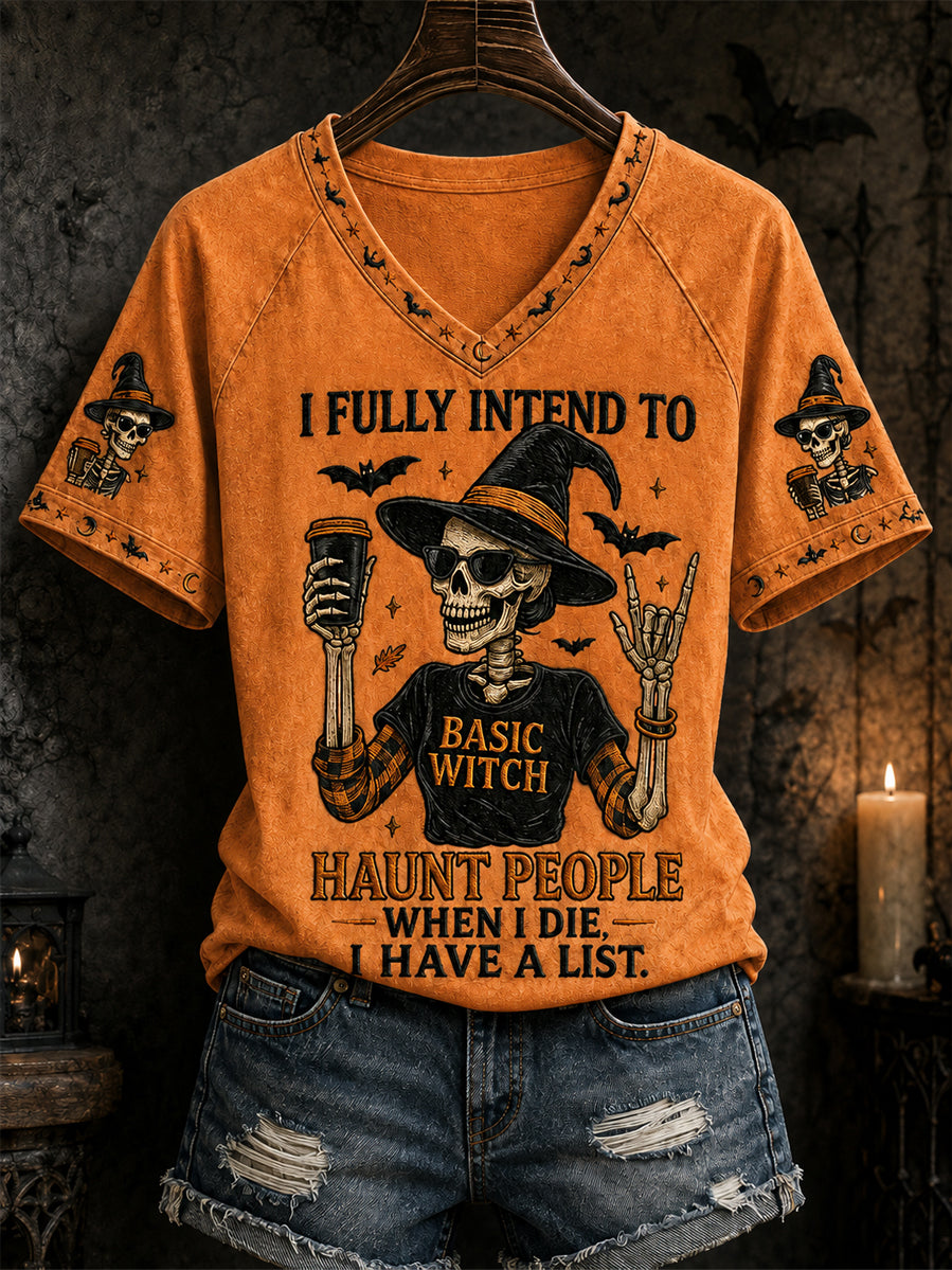 Funny Halloween Skull Sorcière Imprimer T-shirt à col en V décontracté pour femmes