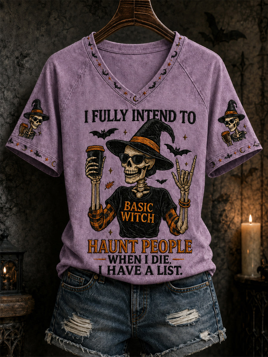 Funny Halloween Skull Sorcière Imprimer T-shirt à col en V décontracté pour femmes