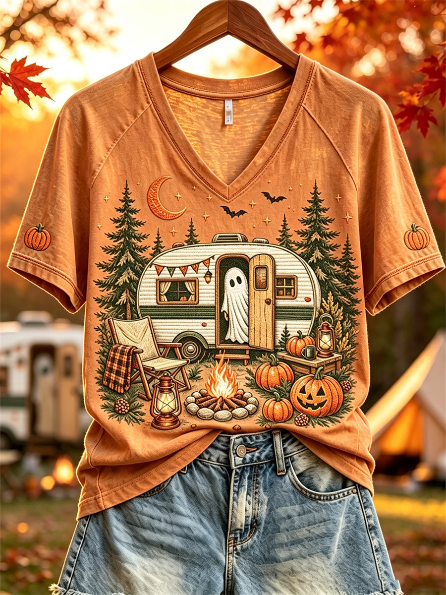 Halloween Ghost Fall RV Camping T-shirt à manches courtes pour femmes