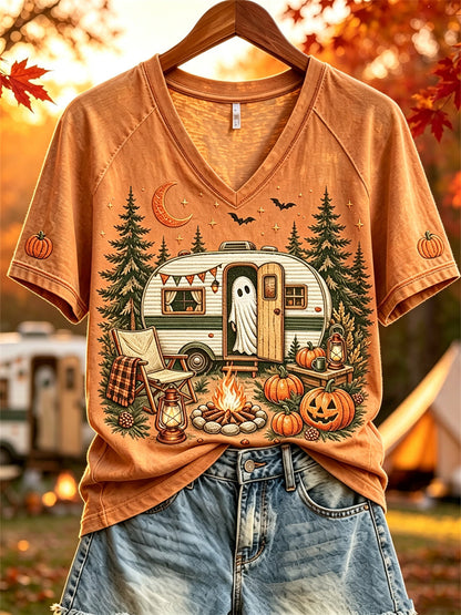 Halloween Ghost Fall RV Camping T-shirt à manches courtes pour femmes