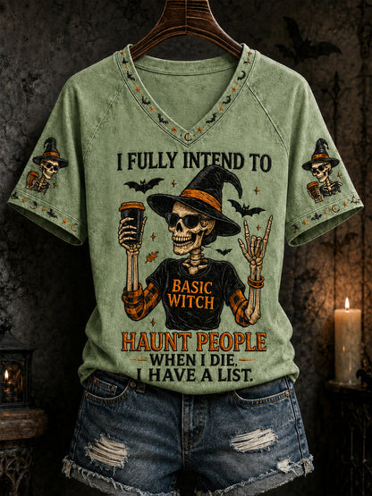 Funny Halloween Skull Sorcière Imprimer T-shirt à col en V décontracté pour femmes
