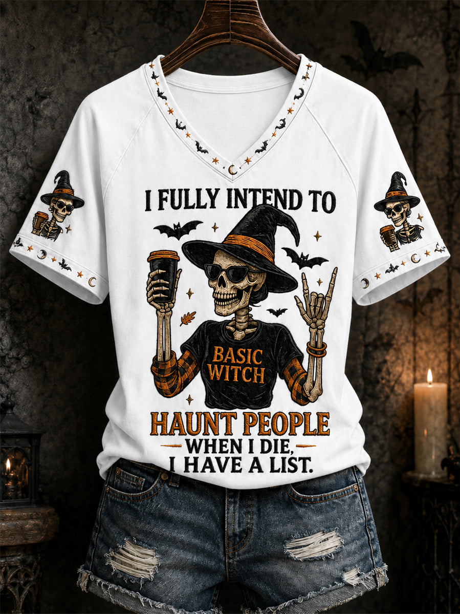 Funny Halloween Skull Sorcière Imprimer T-shirt à col en V décontracté pour femmes