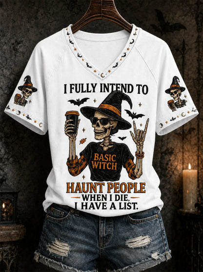 Funny Halloween Skull Sorcière Imprimer T-shirt à col en V décontracté pour femmes