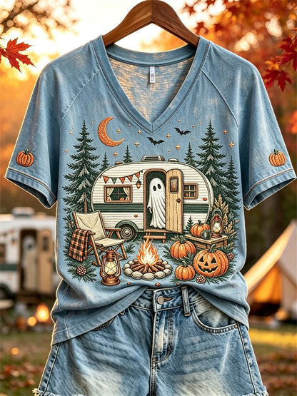 Halloween Ghost Fall RV Camping T-shirt à manches courtes pour femmes