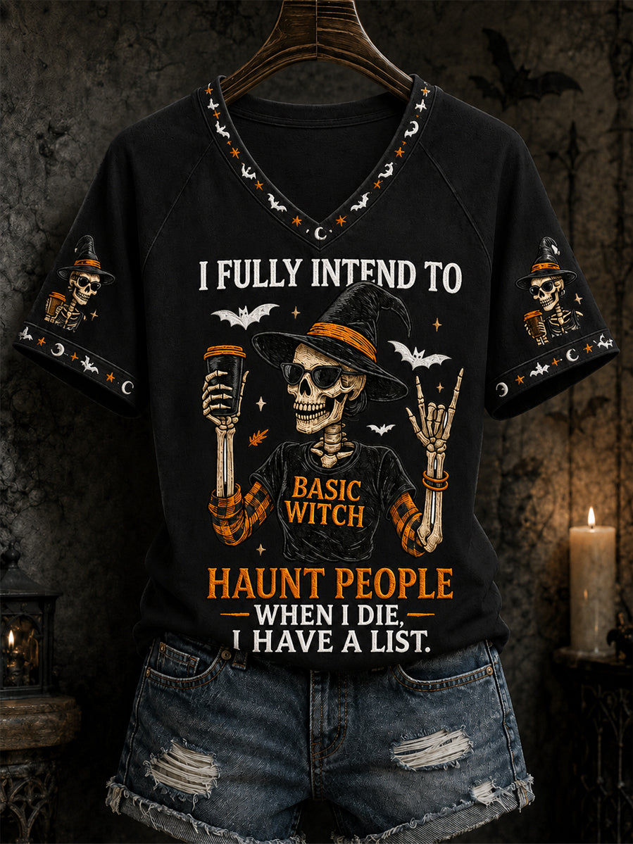 Funny Halloween Skull Sorcière Imprimer T-shirt à col en V décontracté pour femmes