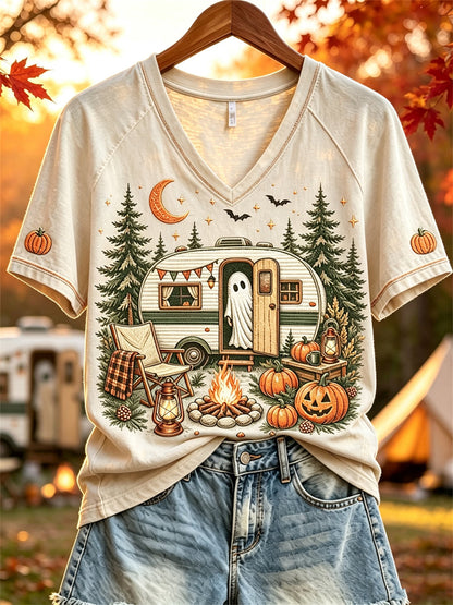Halloween Ghost Fall RV Camping T-shirt à manches courtes pour femmes
