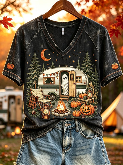 Halloween Ghost Fall RV Camping T-shirt à manches courtes pour femmes