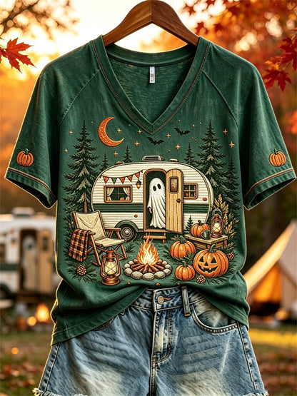 Halloween Ghost Fall RV Camping T-shirt à manches courtes pour femmes