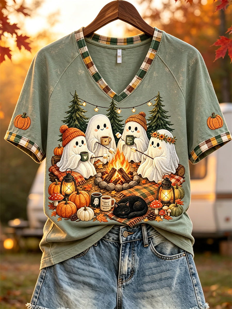 Femmes Halloween Fantômes Cozy Automne Camping Imprimer T-shirt à manches courtes
