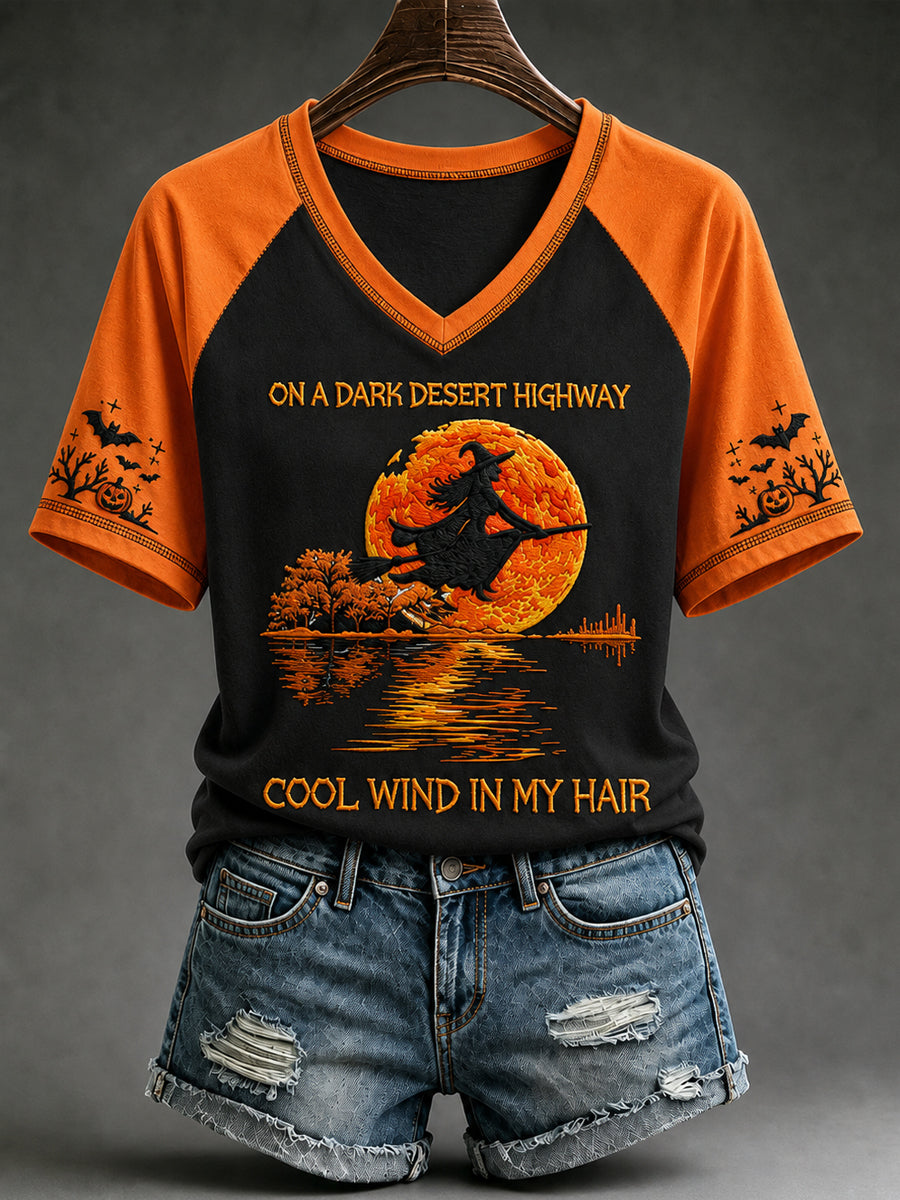 Halloween sorcière citrouille chauve-souris v-cou à manches courtes T-shirt pour femmes