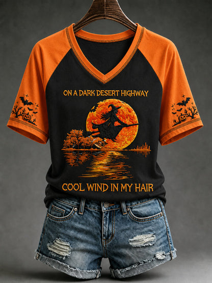 Halloween sorcière citrouille chauve-souris v-cou à manches courtes T-shirt pour femmes