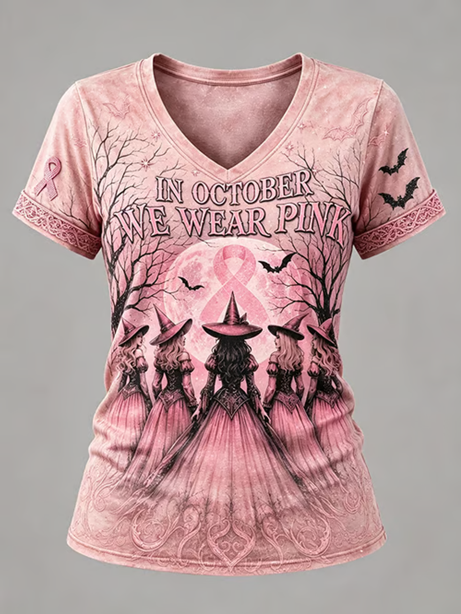 T-shirt à manches courtes imprimé cancer du sein Halloween pour femmes